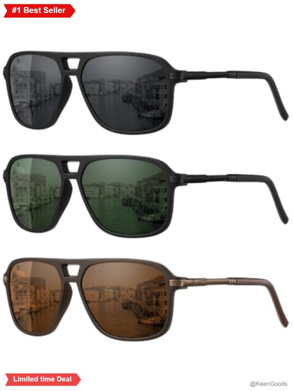 Square Aviator Polarized Sunglasses UV400 Full-Frame Lightweight 3 Pack